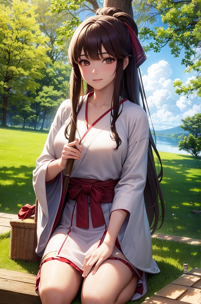 (best quality,4k,8k,highres,masterpiece:1.2),ultra-detailed,(realistic,photorealistic,photo-realistic:1.37),shrine maiden,miko outfit,tall,holding a broom,red eyes,medium hair,brown hair,asian,thigh high,kneeling on picnic blanket,tree,sky,clouds,portraits,vivid colors,warm tones,dappled sunlight