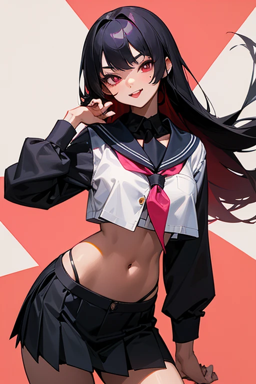 A tall, 17 year old Japanese girl with smooth, tan skin, red pupils and long, black hair with pink tips that reach her back. She's currently posing as if she's a model taking a picture with a hand on her hip cocked to the side and her tongue sticking out while winking. She's wearing a sailor uniform with the tie shifted to one side and the top two buttons undone, revealing her black lace bra. Her skirt is short enough to reveal her black lingerie panties.