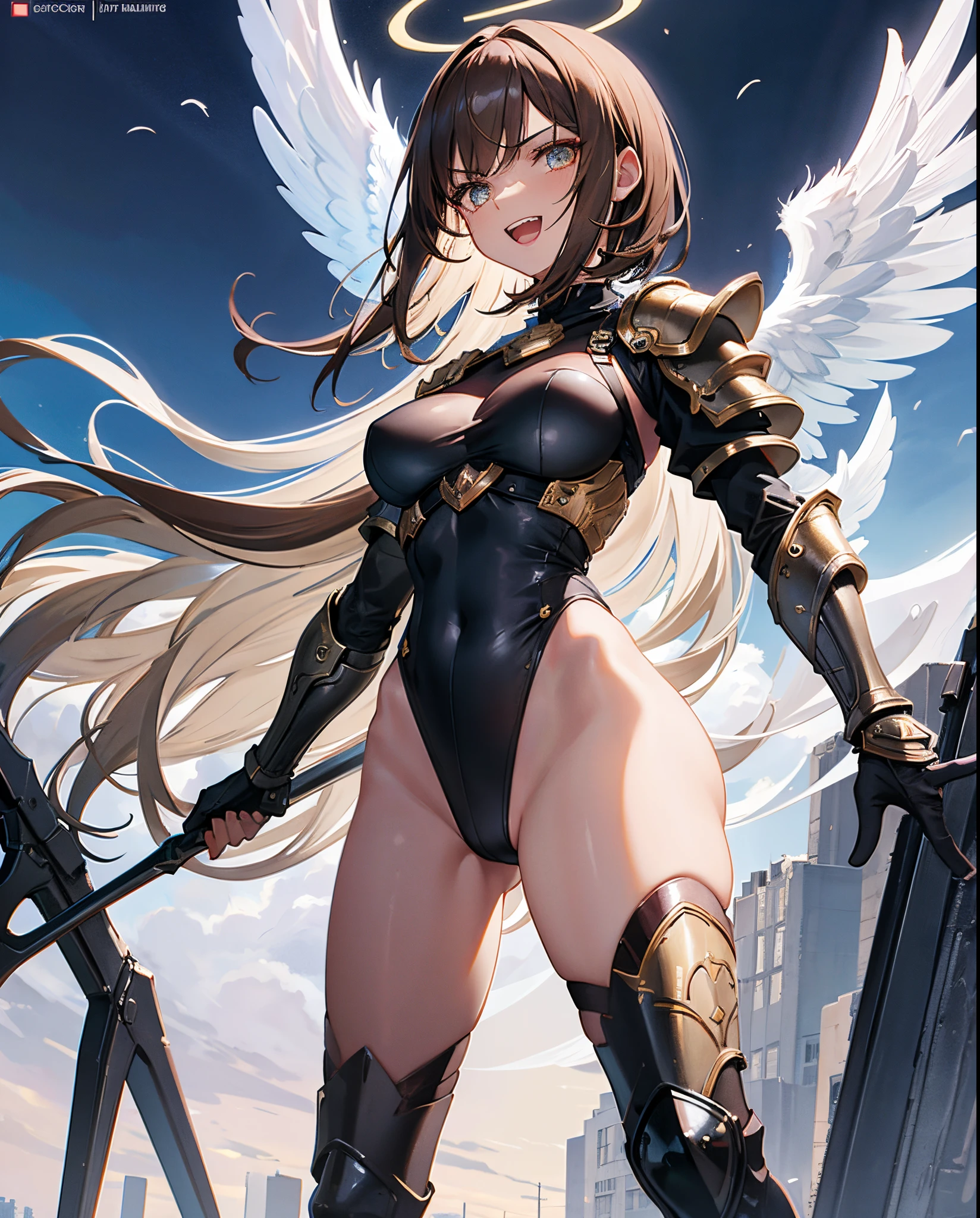 fantasy, 1angel_girl,child, ,brown_hair, medium_bob_hair, long_bangs, halo,bare_shoulder,thighhighs,silver_armor, waist_armor, large_breasts,angry,grinning,open_mouth_teeth, 1pair_wings, dynamic_pose_fighting,floating, bare_crotch, headgear,gauntlet, greaves,city_sky_background,slightly_spread_legs, solo, groin_naked,dark_skin,