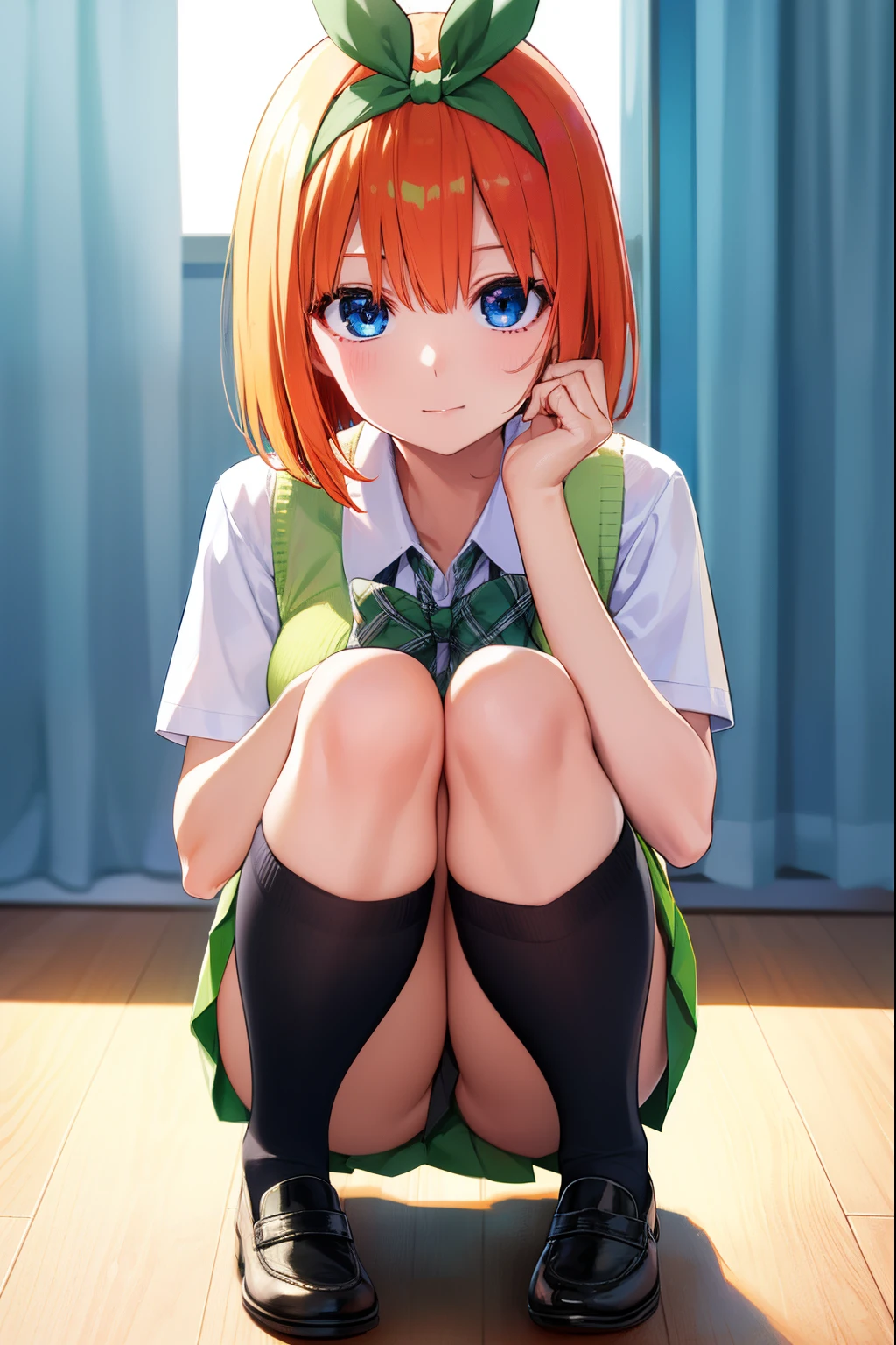 yotsubanakano, Yotsuba Nakano, Bangs, Short hair, Blue eyes, hair between eye, Hair Ribbon, shairband, Orange hair, Green Ribbon, The best smile,
BREAK skirt, Shirt, Bow, bow ribbon, School uniform, White shirt, Short sleeves, Pleated skirt, shoes, sox, Collared shirt, Miniskirt, bowtie, Black footwear, knee high, Green skirt, Black socks, lowfers, green bow, Yellow sweater vest, Green Ribbon,
BREAK looking at viewer, Upper body,
Break indoors, crass room,
BREAK (masutepiece:1.2), Best Quality, High resolution, Unity 8k壁纸, (Illustration:0.8), (Beautiful detailed eyes:1.6), extra detailed face, Perfect Lighting, extremely details CG, (Perfect hands, Perfect Anatomy),