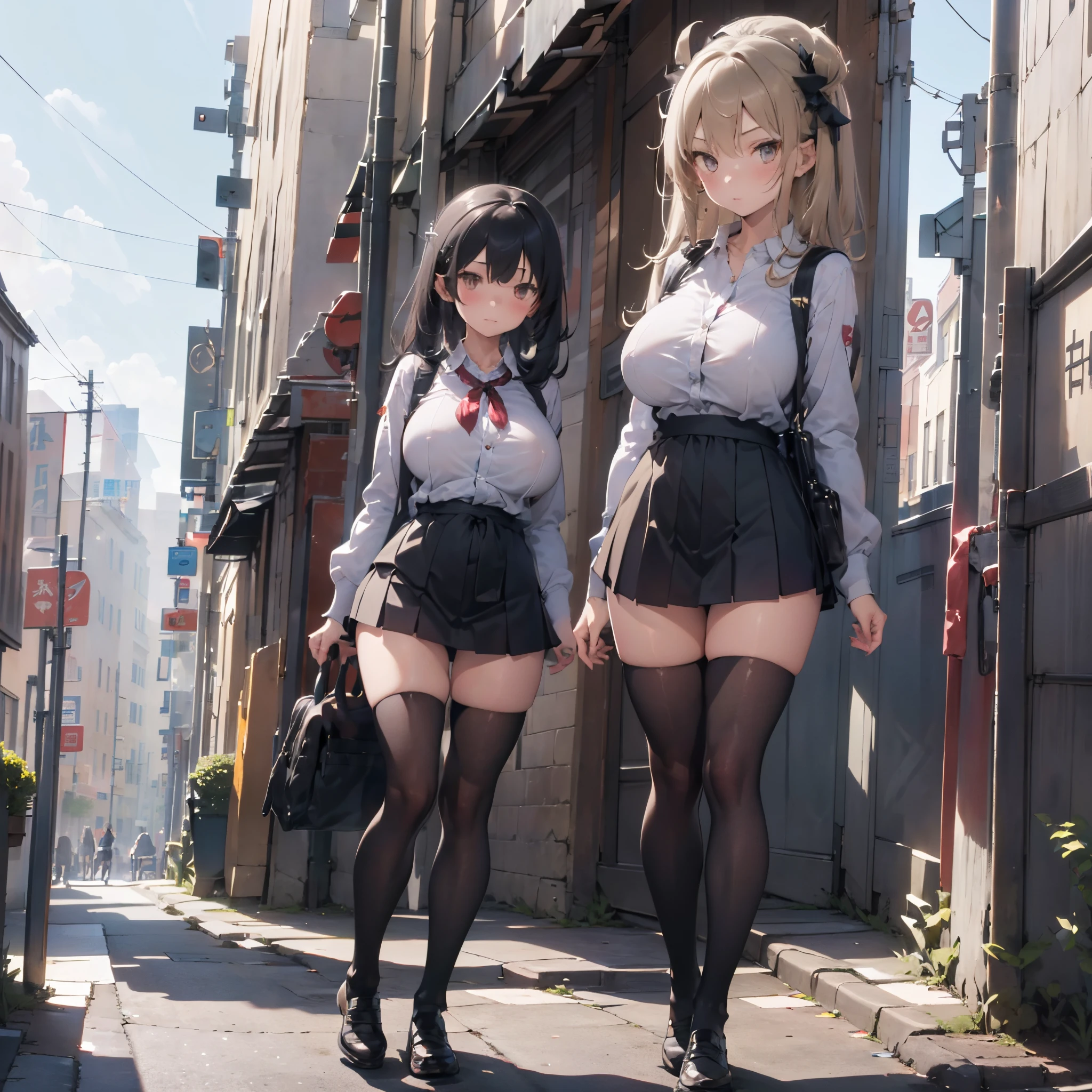 (1 girl standing:1.3), (solo:2.0), (huge perky breasts:1.7), (thin waist:1.3), (thin long legs:1.5), (black thighhighs:1.3), (very short skirt:1.5), nose blush, school uniform