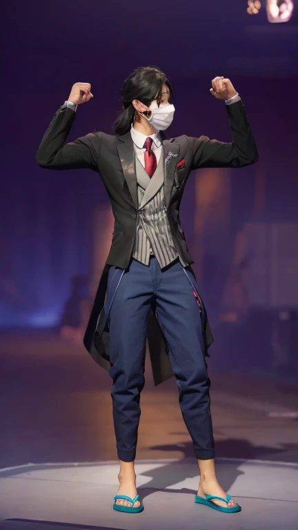 Men's hair is a little long
Masked and wearing a mask, black jacket, blue pants and flip-flops