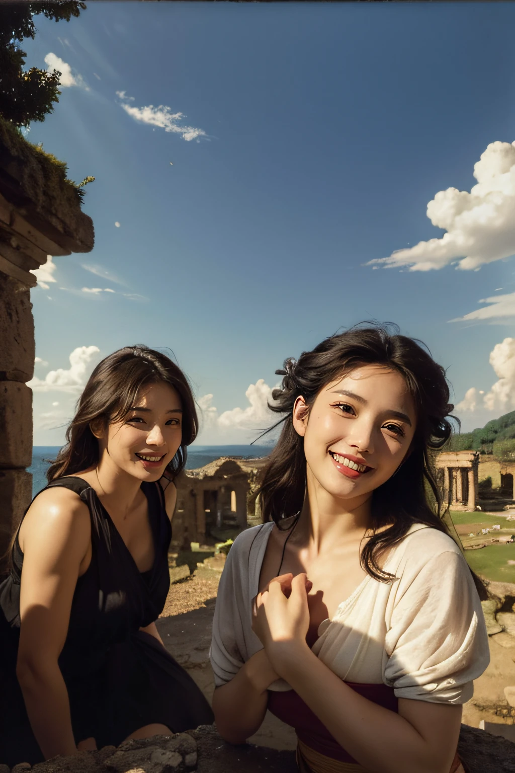 Ancient Roman ruins,Poussin-style landscape,A smile,,Sweet and seductive appearance.、Caravaggio's paintings、Chiaroscuro of Caravaggio、Hair disheveled in the wind,Two women frolicking,Cute smile, Expression of ecstasy,A sexy,erotick
