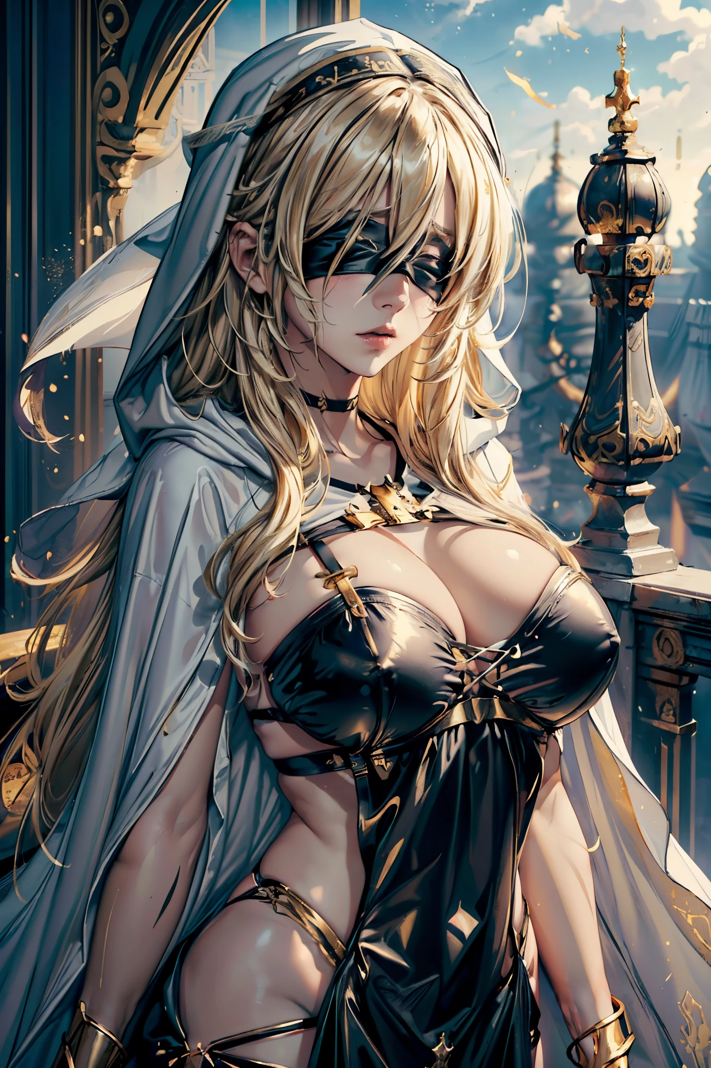 (masterpiece, top quality, best quality, official art, beautiful and aesthetic:1.2), 1girl, priestess, long light blonde hair, messy hair, (wearing black blindfold:1.3), large breasts, cleavage, (white revealing robe, gold trim), (white hood:1.2), extreme detailed, colorful, perfect face, upper body, HDR, (light streaks), striking visuals, vibrant colors, temple background