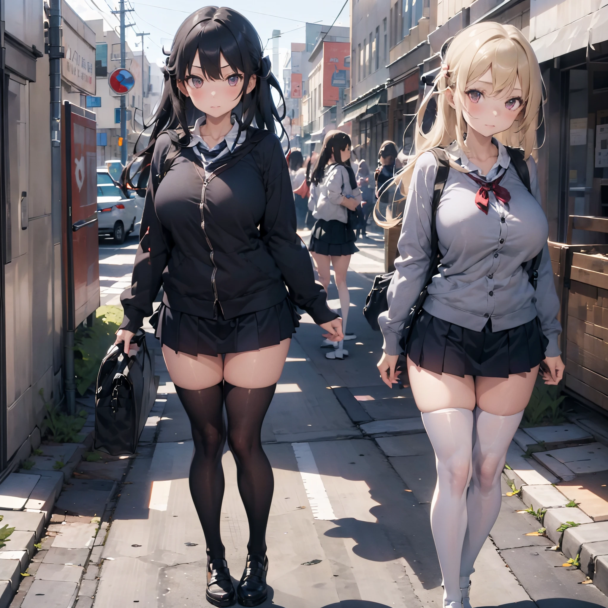 (1 girl standing:1.3), (solo:2.0), (huge perky breasts:1.7), (thin waist:1.3), (thin long legs:1.5), (black thighhighs:1.3), (very short skirt:1.5), nose blush, school uniform