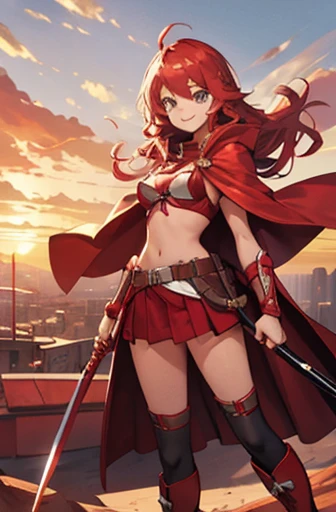 girl in red bikini, red cloak, red boots, red hood, long hair, samurai sword, red skirt, desert, sunset, red hair, loving smile