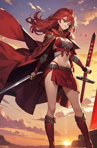 girl in red bikini, red cloak, red boots, red hood, long hair, samurai sword, red skirt, desert, sunset, red hair, loving smile