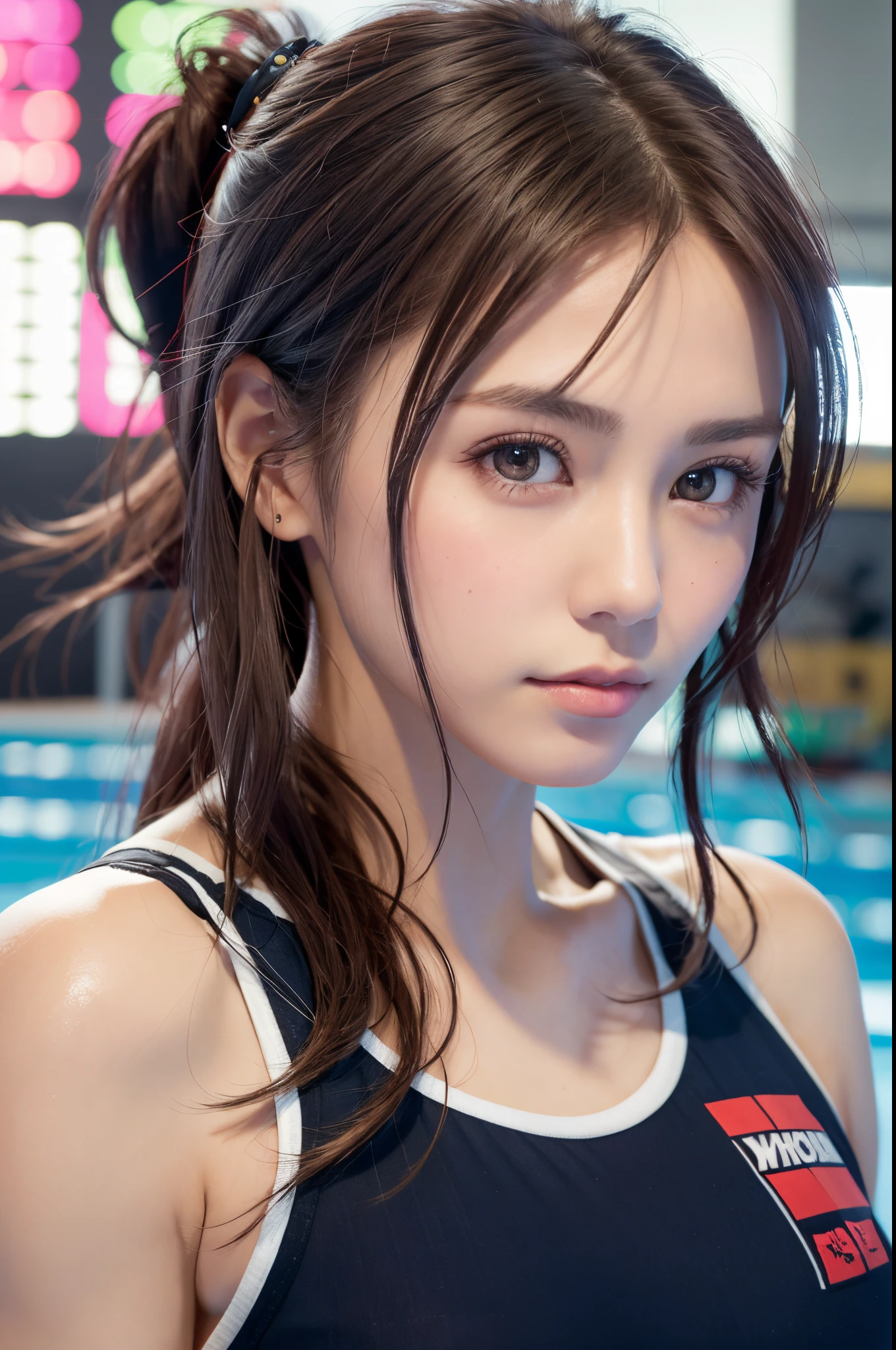 8K, of the highest quality, masutepiece:1.2), (Realistic, Photorealsitic:1.3), of the highest quality, masutepiece, Beautiful young woman, Pensive expression, Thoughtful look, Competitive swimmers、swim wears、Hair tied back, Cinematic background, Light skin tone、wetted skin