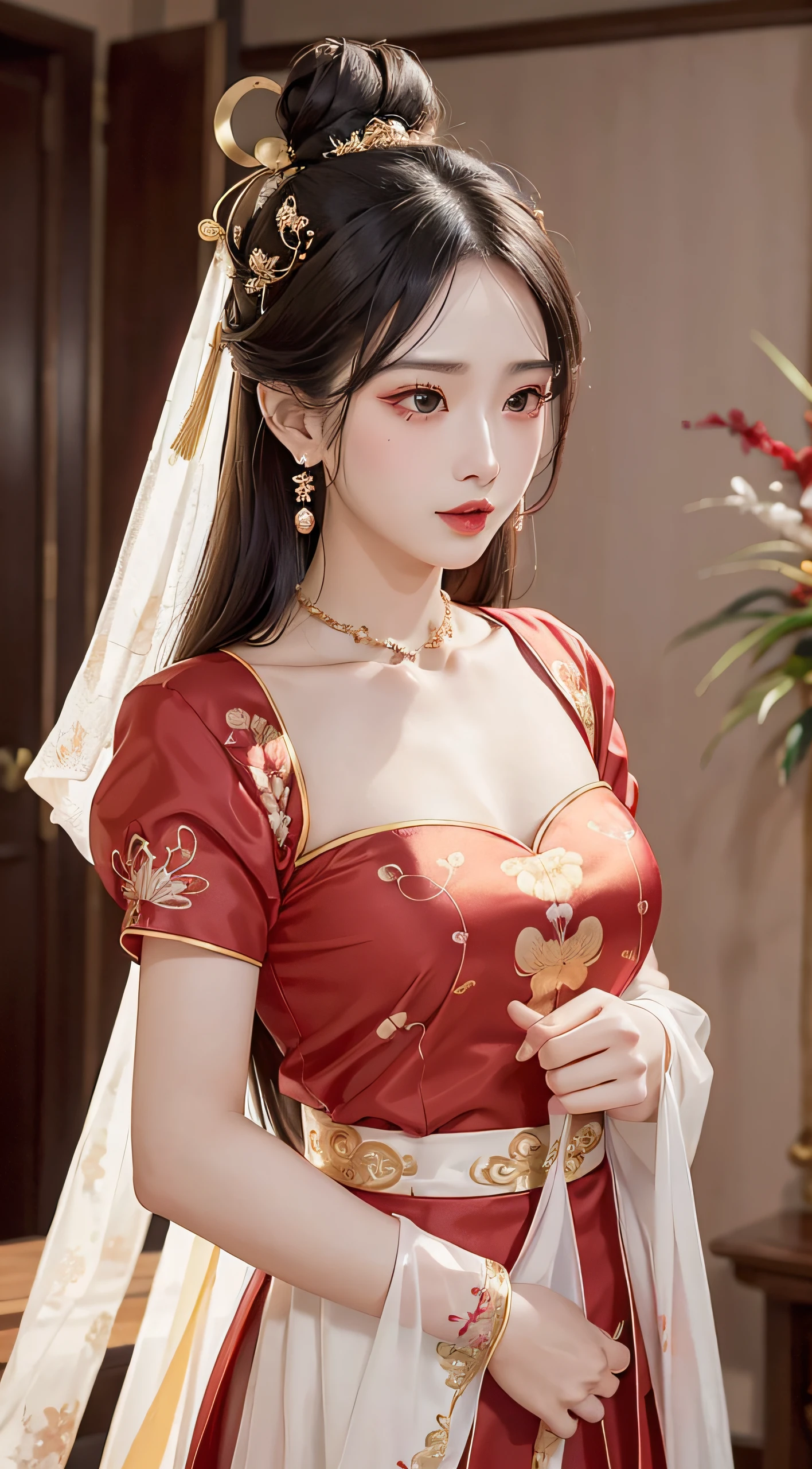 (8K, RAW photos, realistically:1.25) ,( glossy on lips, eyeslashes, gloss face, Skin glows, Best quality at best, 超高分辨率, depth of fields, color difference, Caustics, Wide light, naturalshadow, K-pop idol) Being in the room,European style,sitted,sliver long hair,red-white qipao,red decoration,medium detail,8K分辨率,超高分辨率,A young girl, A cute girl,Short hair details,hair-bun,lipsticks,Tassel earrings,choker necklace,Black clear eyes,slick hair,鎖骨,Exquisite and perfect facial features, The most beautiful big eyes,Long eyelashes,The eyes are sweet and there are lying silkworms,dynamic angle,extreme picture quality,highest accuracy,Precise and perfect human anatomy,(((Antique tulle red and white Hanfu,gold embroidery))),((sitted)),Scenes,超高分辨率,Ultra-clear retro black flowing long hair,Exquisite buns)through bangs,(Long, flowing hair,With a bun:1.3)),Delicate collarbone and beautiful makeup,Exquisite and perfect facial features, watery big eyes,Lying silkworm,Long eyelashes,The eyes are sweet and have eye shadow,Slim waist,University teacher'don't stretch out your hand,,lipstick lush,Delicate earring earrings,pearls necklace