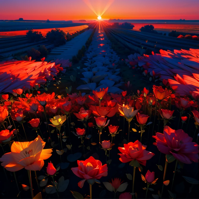 a field of beautiful roses and lilies, best quality, sunrise color scheme, quarter view perspective