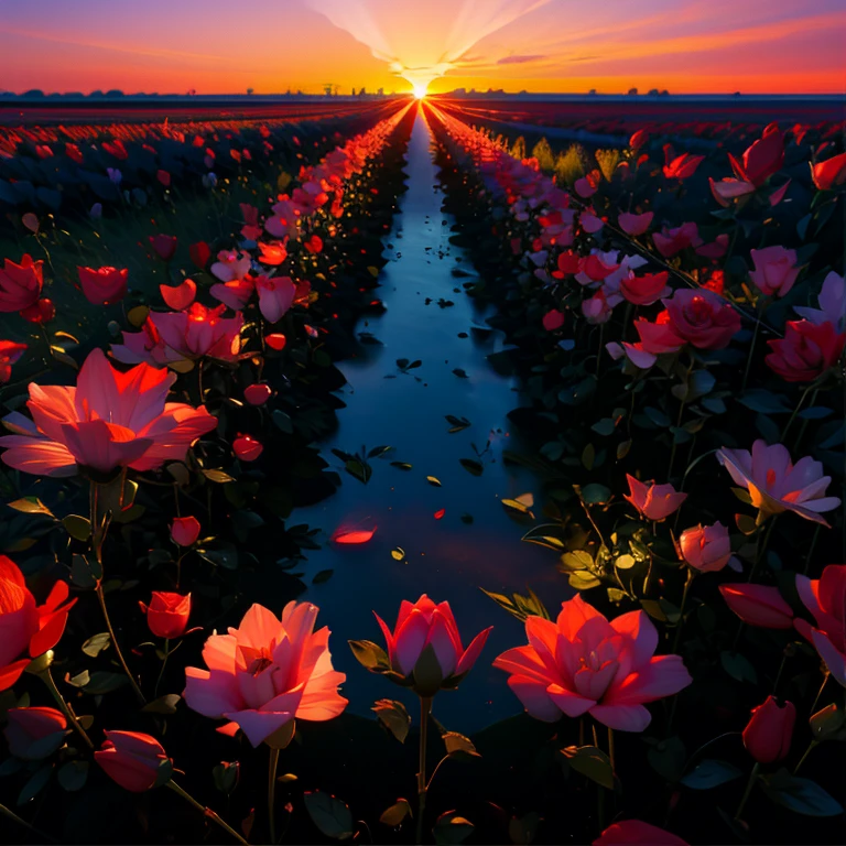 a field of beautiful roses and lilies, best quality, sunrise color scheme, quarter view perspective
