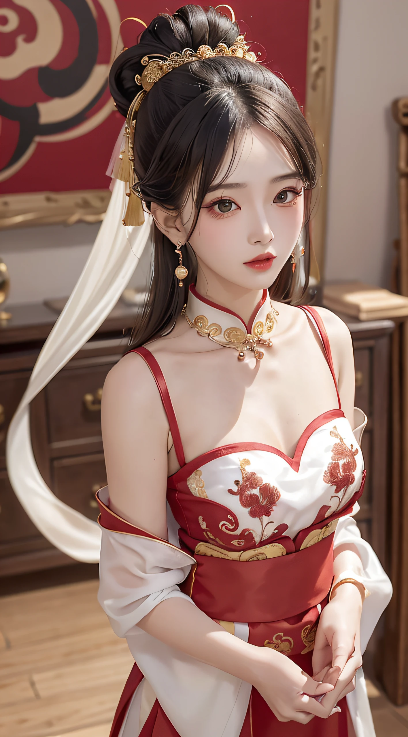 (8K, RAW photos, realistically:1.25) ,( glossy on lips, eyeslashes, gloss face, Skin glows, Best quality at best, 超高分辨率, depth of fields, color difference, Caustics, Wide light, naturalshadow, K-pop idol) Being in the room,European style,sitted,sliver long hair,red-white qipao,red decoration,medium detail,8K分辨率,超高分辨率,A young girl, A cute girl,Short hair details,hair-bun,lipsticks,Tassel earrings,choker necklace,Black clear eyes,slick hair,鎖骨,Exquisite and perfect facial features, The most beautiful big eyes,Long eyelashes,The eyes are sweet and there are lying silkworms,dynamic angle,extreme picture quality,highest accuracy,Precise and perfect human anatomy,(((Antique tulle red and white Hanfu,gold embroidery))),((sitted)),Scenes,超高分辨率,Ultra-clear retro black flowing long hair,Exquisite buns)through bangs,(Long, flowing hair,With a bun:1.3)),Delicate collarbone and beautiful makeup,Exquisite and perfect facial features, watery big eyes,Lying silkworm,Long eyelashes,The eyes are sweet and have eye shadow,Slim waist,University teacher'don't stretch out your hand,,lipstick lush,Delicate earring earrings,pearls necklace