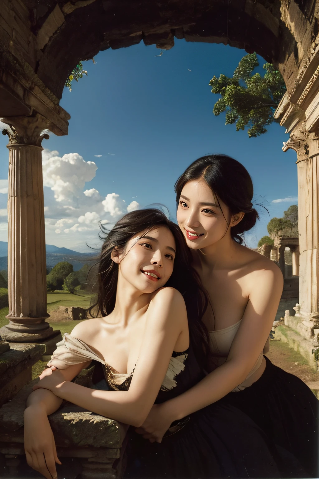 Ancient Roman ruins,Poussin-style landscape,A smile,,Sweet and seductive appearance.、Caravaggio's paintings、Chiaroscuro of Caravaggio、Hair disheveled in the wind,Two women frolicking,Cute smile, Expression of ecstasy,A sexy,Erotic