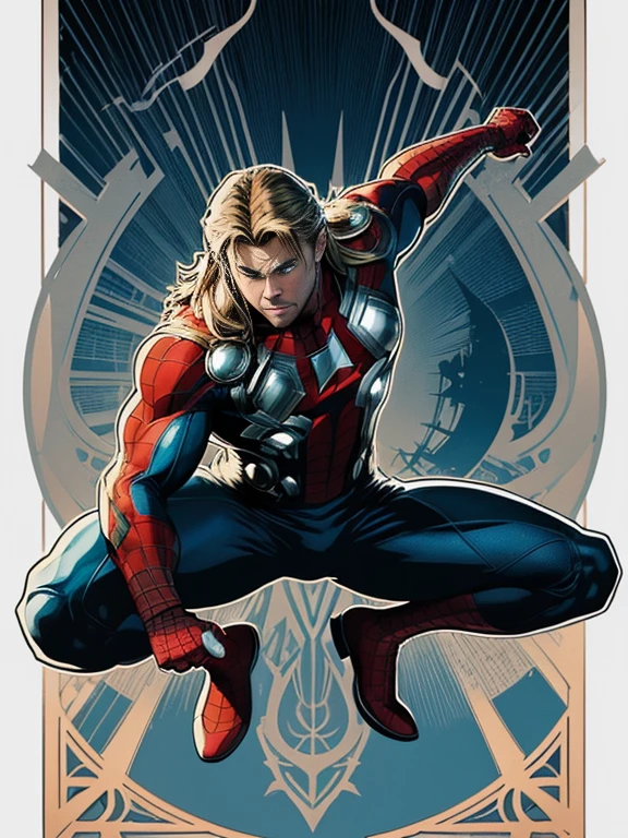 mid-shot, (cel-shading style:1.3), Centered image, Super detailed illustration of Marvel's Spider-Man, Posing, (Tetradic color), Ink puncture, (sloping:1.1), strong contours, Art by Alphonse Mucha, Trace in bold, no-frame, High contrast, (Cell shade:1.1), vector, 32K resolution, Best Quality, flat-colors, Flat light (Chris Hemsworth(Thor)).