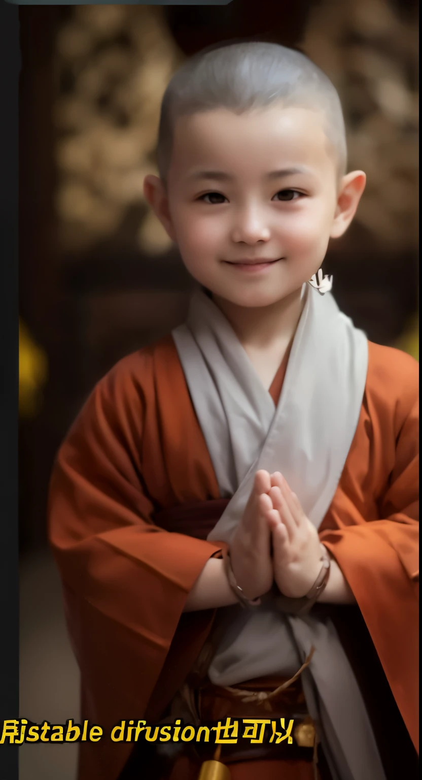 One was dressed in monk's robes、Close-up of smiling child, blessing hand, Monk's robes, very calm and wholesome,, wears a long robe, An expression of kindness, , smiling expression, Calm, User photo, Happy and energetic expression, profile picture 1024px, with a calm expression, High-quality portraits, monk