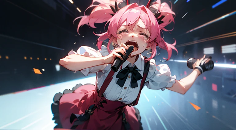 Dressed in black、Anime girl wearing hairpin, She has a cute and expressive face, A sad expression, My face hurts from crying, Ahegao, screaming and sad, holding microphone, [[[[Shed tears]]]]，Singing，In KTV，Wearing a black suspender skirt，Hold the microphone，[[Close your eyes]]，immersed，Shout Mai，head towards microphone，A pink-haired，