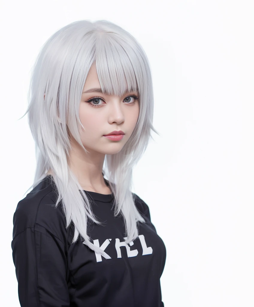 there is a woman with white hair and a black shirt, girl silver hair, kasumi arimura style 3/4, white hime cut hairstyle, anime girl in real life, silver hair girl, girl with white hair, with white long hair, medium length white hair, anime girl , girl with short white hair, with long white hair, white bangs,super realistic, HDR,8K