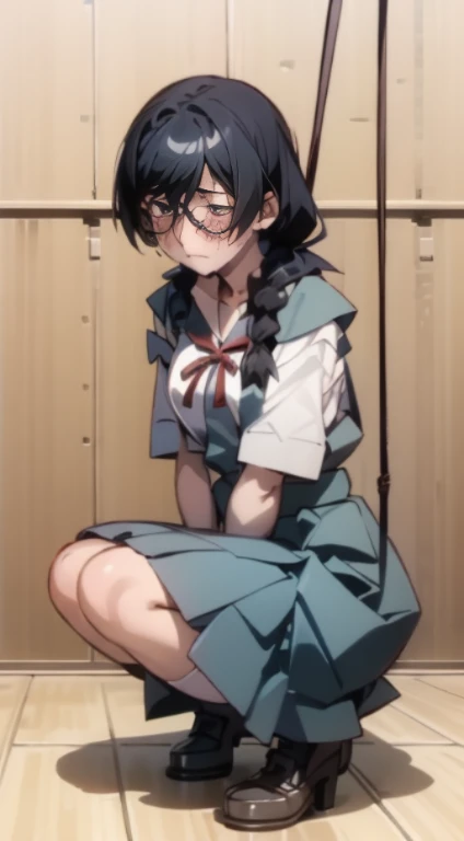 naked woman、fullnude、 (nose blush, Naughty, half opened eye, ), [Full body shot]、Plenty of love juice、pale pubic hair、Full body shot,body piercings,Large open legs、Head-to-toe shots、Squirting、slightly turned to the side、hips move up and down、Chest sways up and down、Crying in pain、Swing your hips up and down violently、Ahegao、Lower your hips deeply、hips are on the floor、hanekawa tsubasa、her black hair is tied into two braids、eye glass、Colossal tits、Colossal tits、Her body is tied with ropes、Chest pressure.、Lying on your back in bed、roll the whites of your eyes and faint..........................................................................................................、Keep your hands on your head、Squatting in the city、