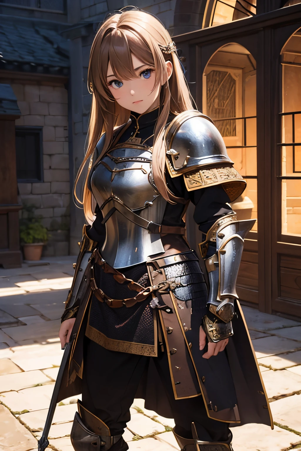 Female Solo、Brown semi-long hair、Knights、Armor Plate、Chainmail、Pike、actionpose、Medieval European port cities、hightquality、high-detail、8K picture quality、spot light、concept-art、​masterpiece、