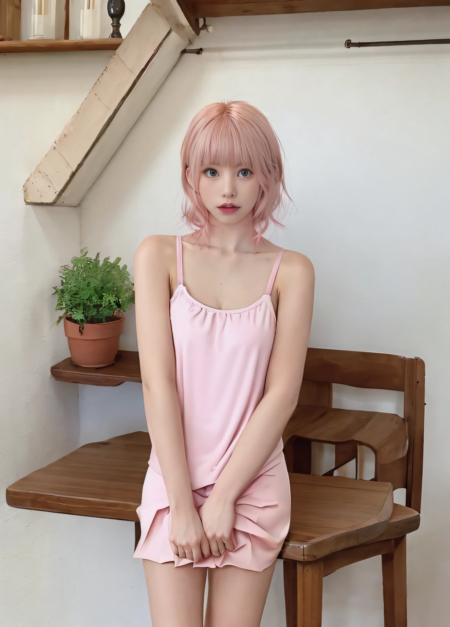 a tall beautiful woman,sittinng on the desk,with pink hair,Obscenity exposed,camisole,short skirt,Barefoot