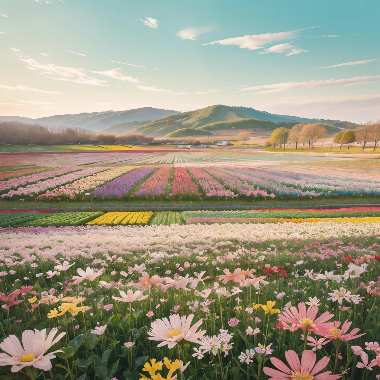 Watercolor style/spring flower field: Flowers painted in soft colors々But、Looks great against bright backgrounds、Transparency like a watercolor painting spreads across the flower field。