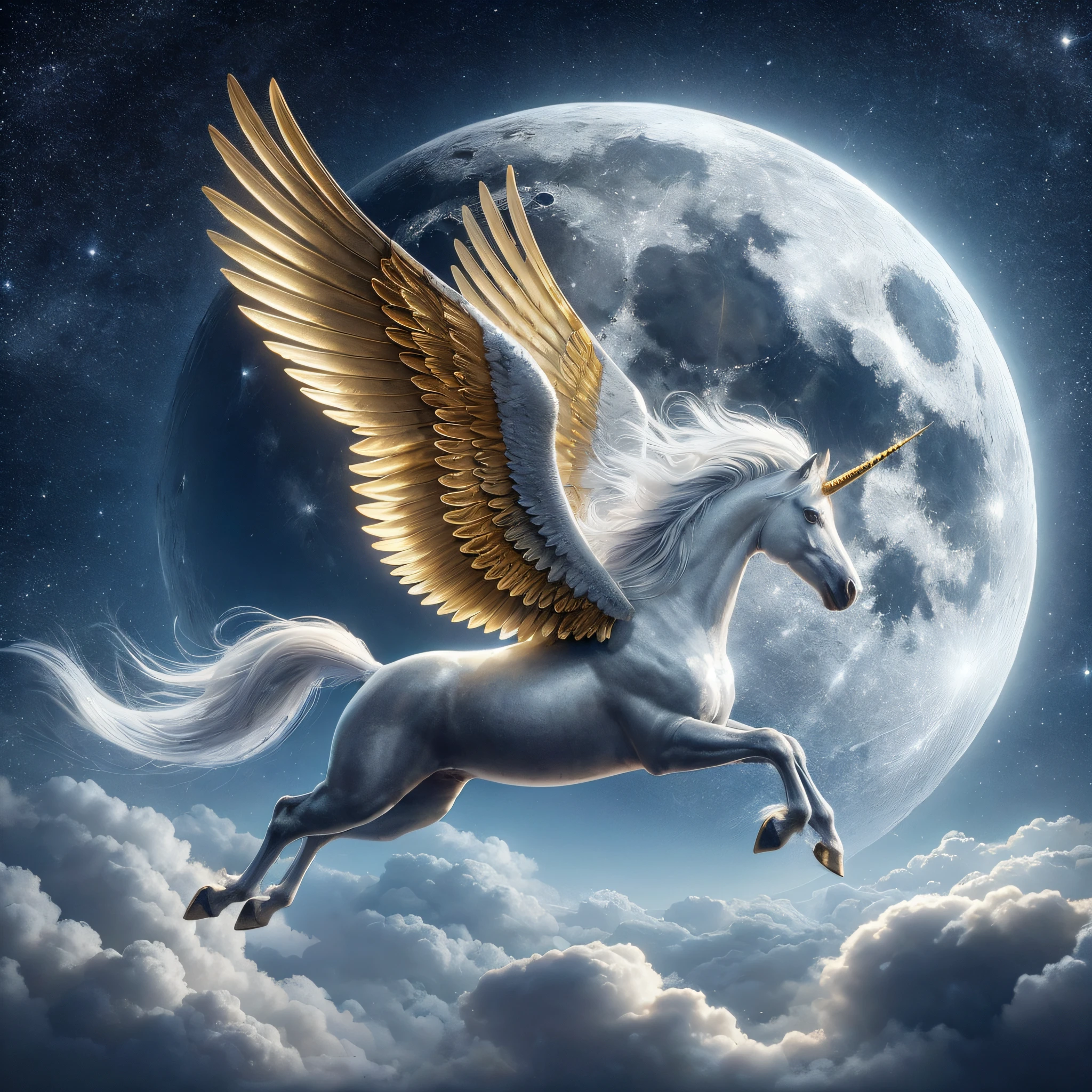 photo of a silvery pegasus with golden wings flying through a night sky with a big silver moon behind it. Photorealistic.