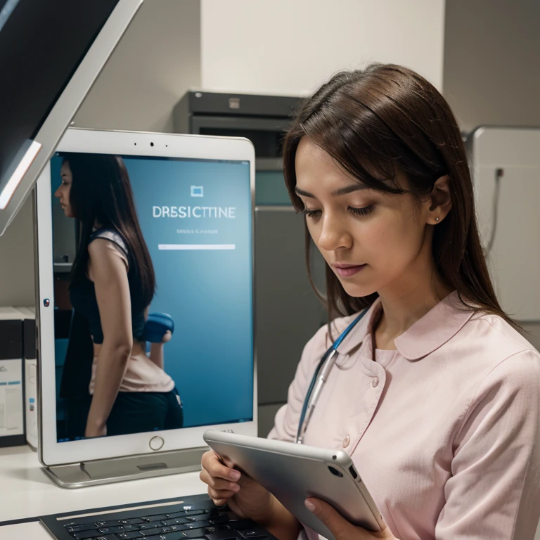 Create a doctor in clinical care with a patient, he uses a tablet as an artificial intelligence assistant