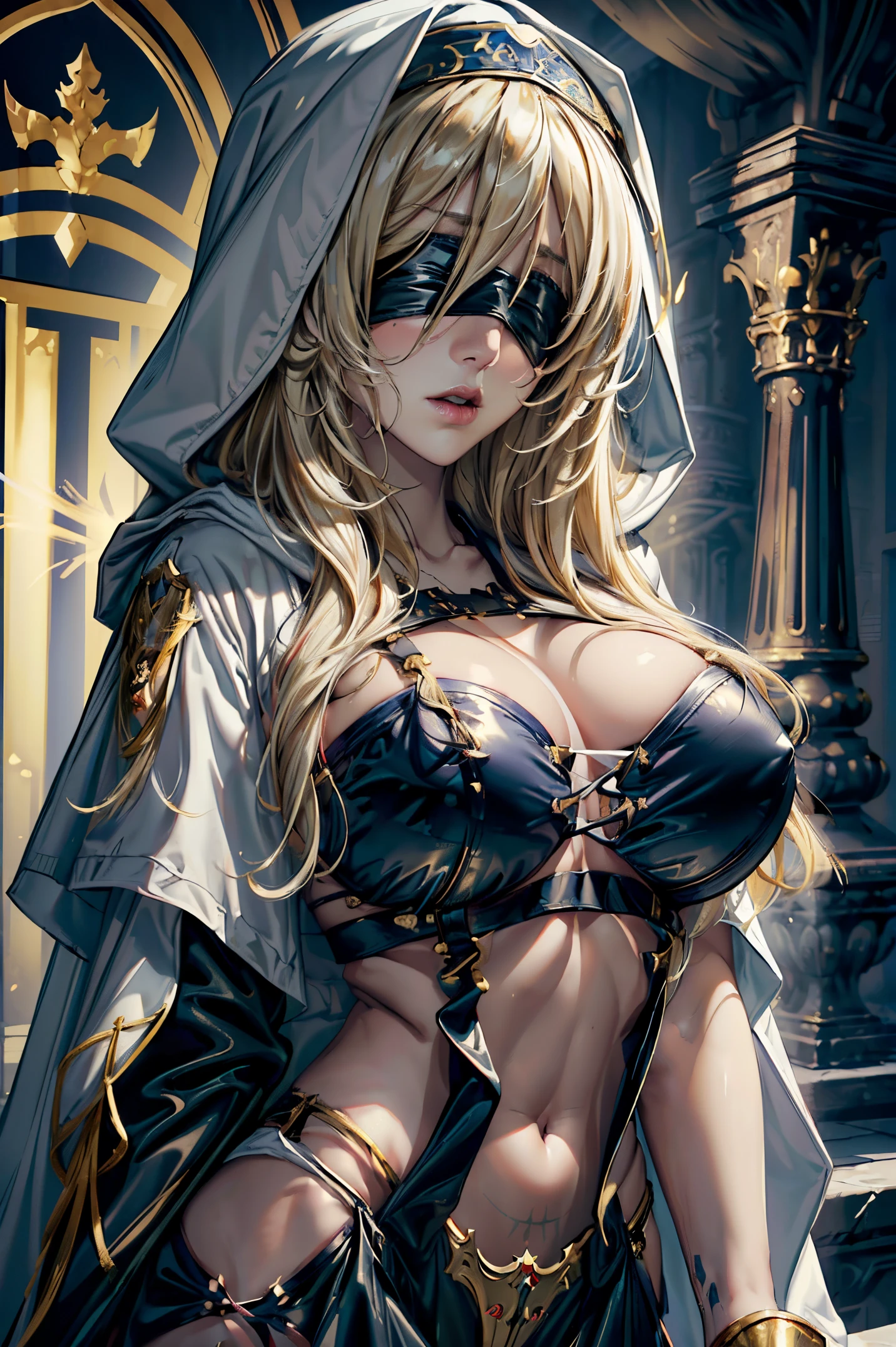 (masterpiece, top quality, best quality, official art, beautiful and aesthetic:1.2), 1girl, priestess, long light blonde hair, messy hair, (wearing black blindfold:1.3), large breasts, cleavage, (white revealing robe, gold trim), (white hood:1.2), extreme detailed, colorful, perfect face, upper body, HDR, (light streaks), striking visuals, vibrant colors, temple background