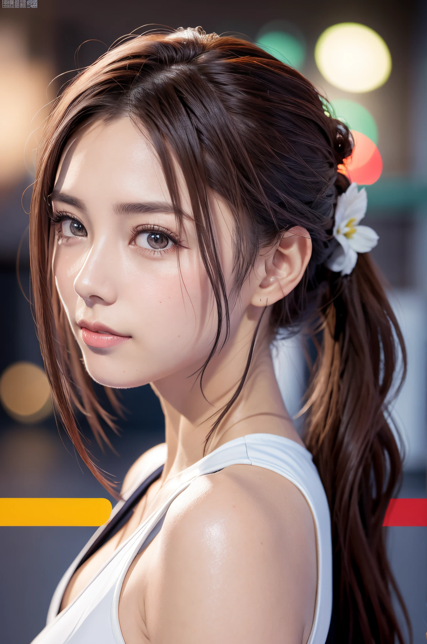 8K, of the highest quality, masutepiece:1.2), (Realistic, Photorealsitic:1.3), of the highest quality, masutepiece, Beautiful young woman, Pensive expression, Thoughtful look, Competitive swimmers、swim wears、Hair tied back, Cinematic background, Light skin tone、wetted skin