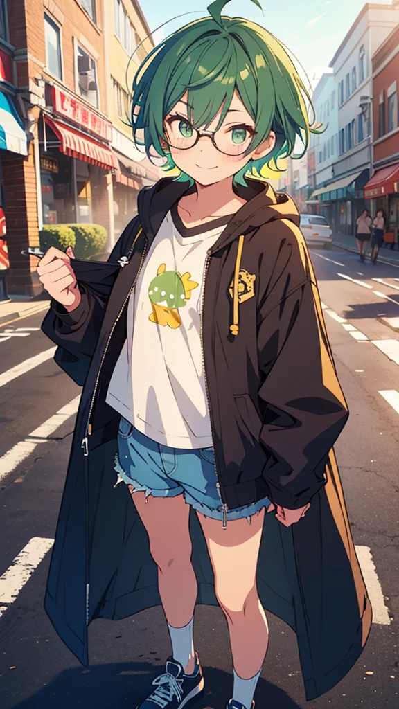 {{{{vulgarity}}}},{{{masterpiece}}}, {{{best quality}}}, {{ultra-detailed}}, {illustration}, {{an extremely delicate and beautiful}}, a boy, shoun, male , green hair, short hair, green eyes, eye glass, Plump, disheveled hairstyle, Ahoge, childish, short, In the street, Revealing street fashion, a smile, baggy coat, hotpants, short-haired