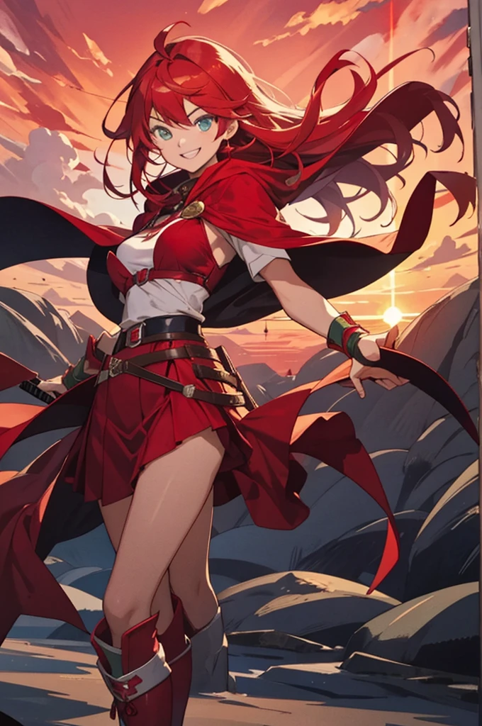 girl in red bikini, red cloak, red boots, red hood, long hair, samurai sword, red skirt, desert, sunset, red hair, loving smile, green eyes, red skies