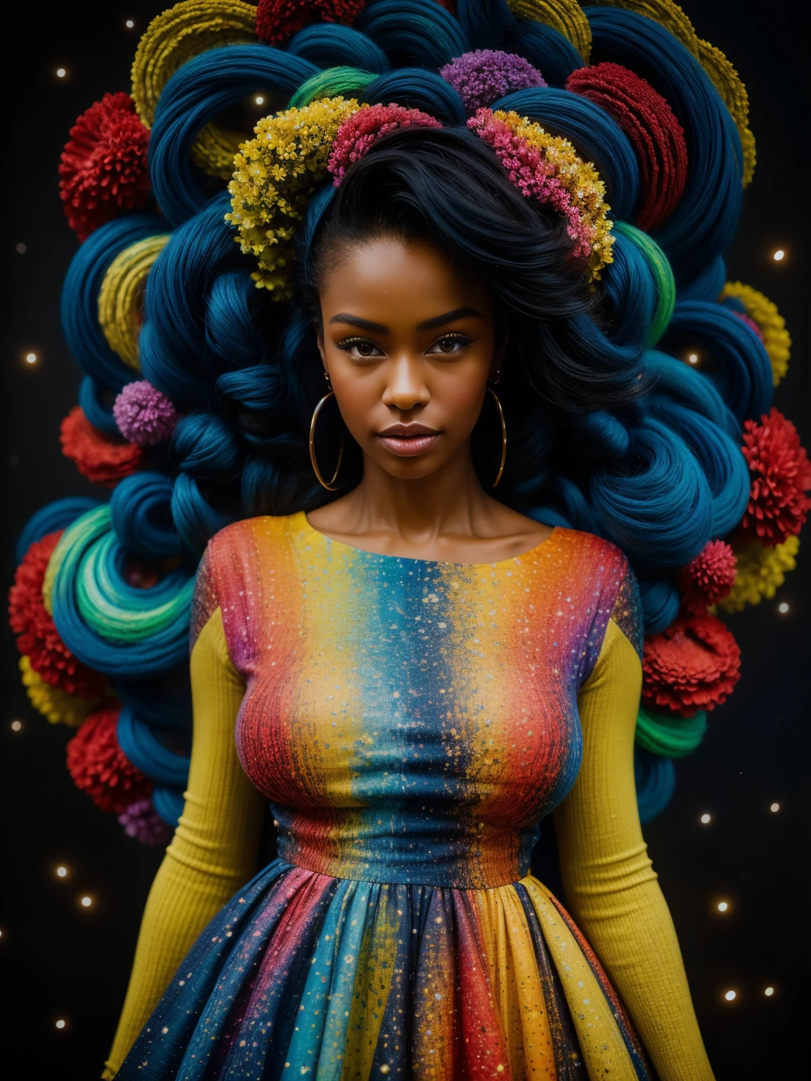 A portrait of a beautiful curvy Black woman painted in the style of Van Gogh, with swirling, vivid colors and bold, expressive brushstrokes. She stands with confidence, her hair styled in an elegant updo. The background swirls with a mix of iridescent blues and yellows, reminiscent of a starry night, while her attire is a flowing dress with hints of vibrant reds and oranges, capturing the essence of a floral landscape.