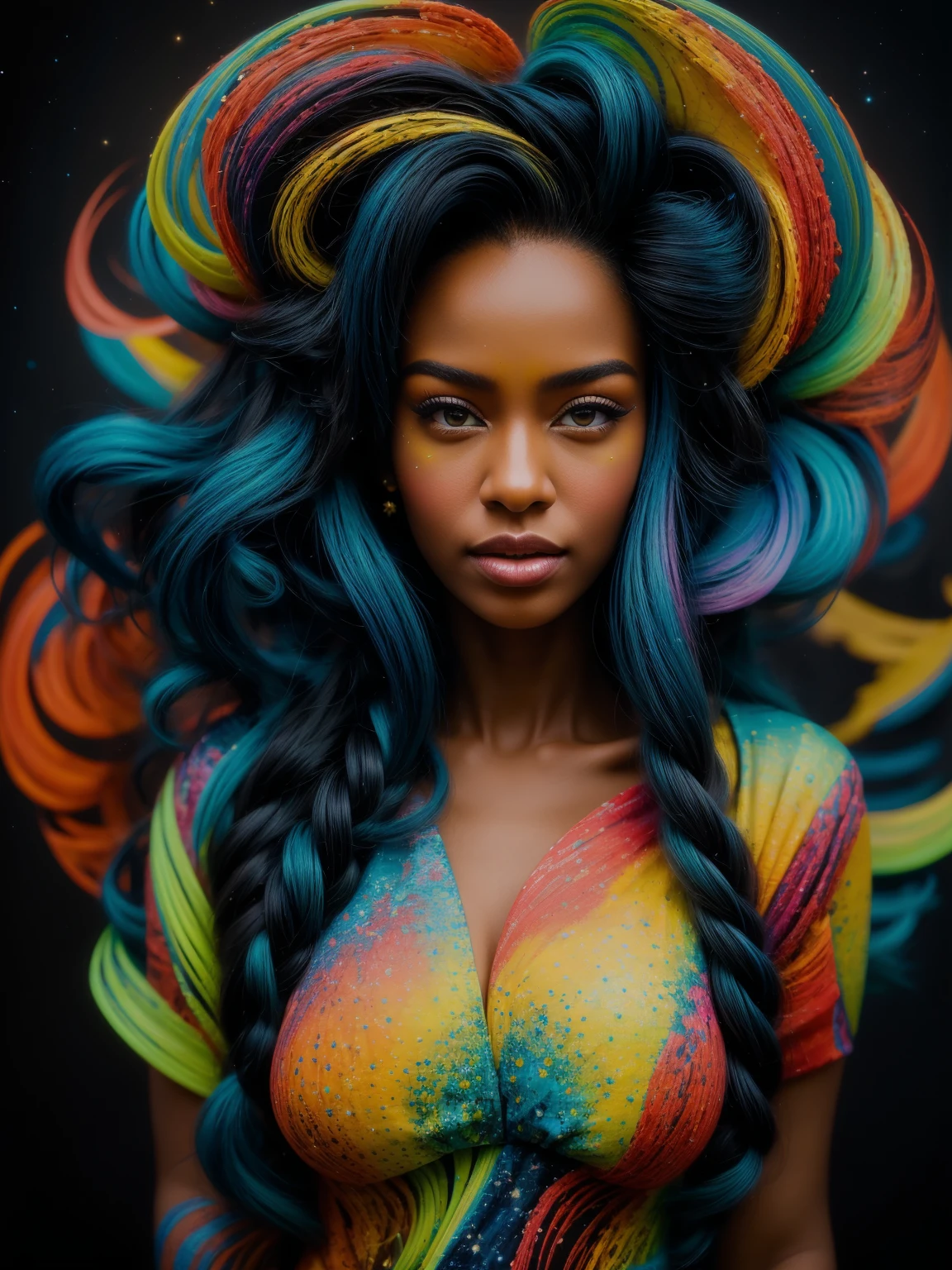 A portrait of a beautiful curvy Black woman painted in the style of Van Gogh, with swirling, vivid colors and bold, expressive brushstrokes. She stands with confidence, her hair styled in an elegant updo. The background swirls with a mix of iridescent blues and yellows, reminiscent of a starry night, while her attire is a flowing dress with hints of vibrant reds and oranges, capturing the essence of a floral landscape.