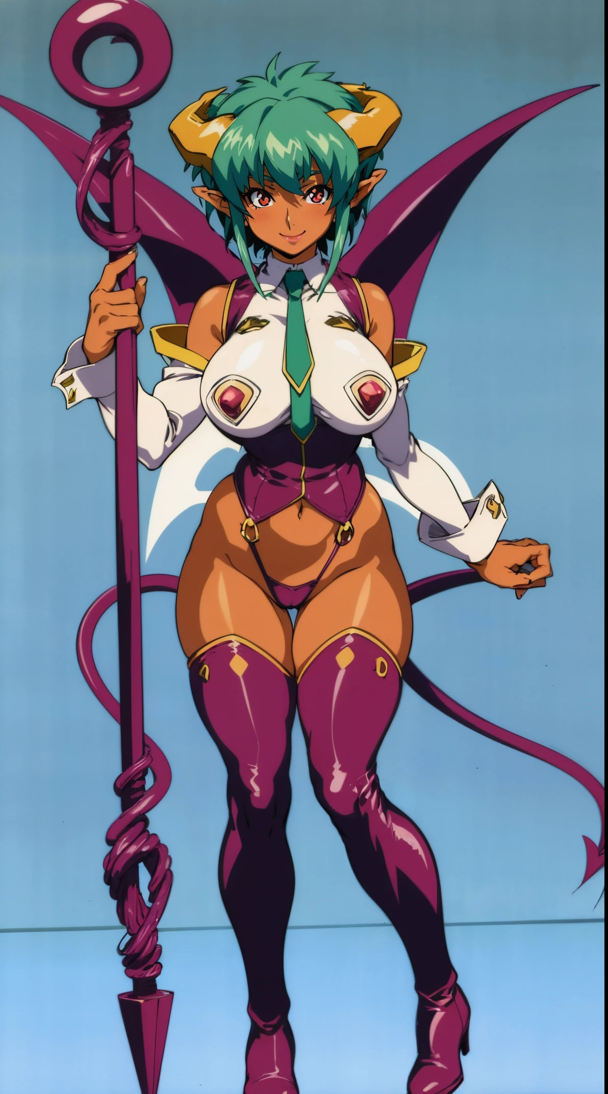 large breasts, thick thighs, vipergts,dark skin,horns,wings,pointy ears,demon girl,demon tail,red eyes, green hair, short hair, , shiny skin,, full body, pants, corsep, pullover,boots,vest,, staff holding, smile, full body, medieval village in europe, refsheet