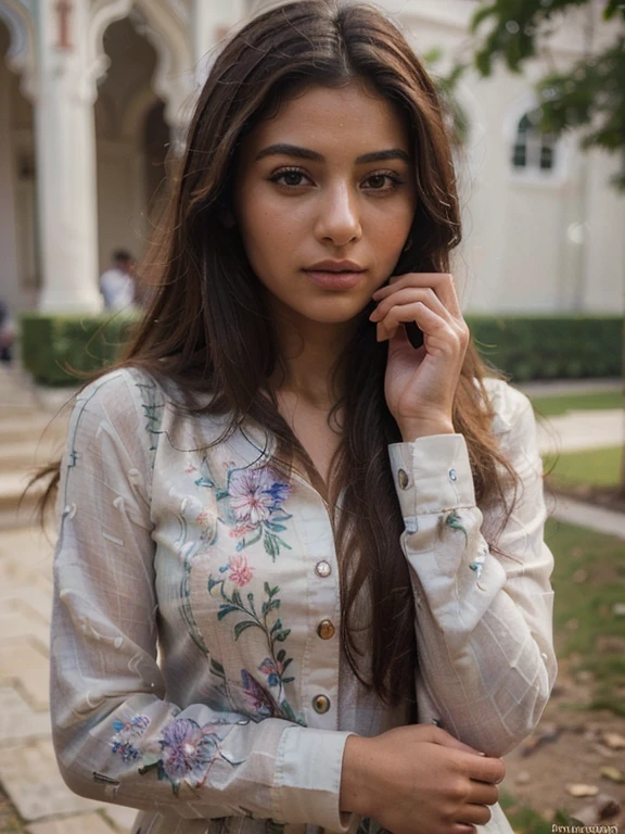 (Best quality, Ultra-detailed, Masterpiece:1.5), Photorealistic photograph of a beautiful pakistani woman at a scenic location. The woman should have a flawless, highly detailed face (Highly Detailed Skin) with soft, luminous skin. Her long hair should be naturally brown and stylishly arranged. (Perfect Eyes:1.2). The photography should feature high-quality film grain (ISO 400, 30mm lens RAW f1.8 aperture.