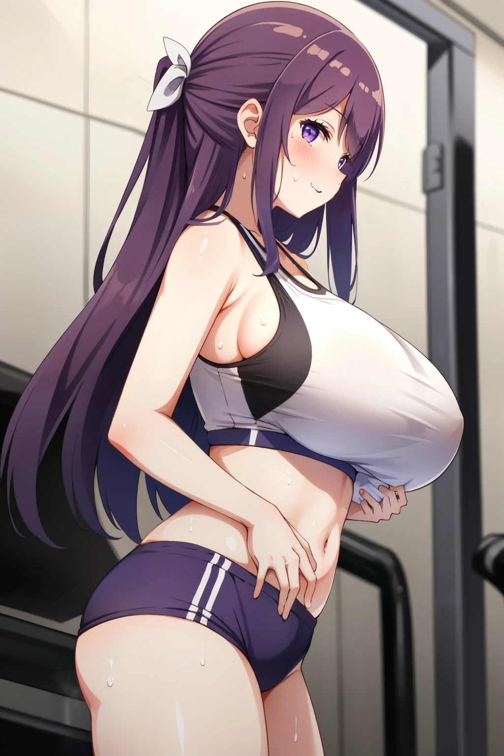 standing, standing,, navel, split, blurry background, back sideview, smile,embrased, red blush, bow, gym, looking at viewer, blush, sweat, solo, sports bra, 1girl, huge breasts, long straight purple hair, purple clean eyes,