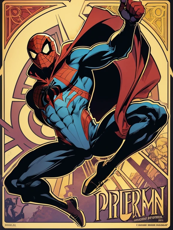 mid-shot, (cel-shading style:1.3), Centered image, Super detailed illustrations of Marvel&#39;spider-man, Posing, (Tetradic color), Ink puncture, (sloping:1.1), strong contours, Art by Alphonse Mucha, Trace in bold, no-frame, High contrast, (Cell shade:1.1), vector, 32K resolution, Best Quality, flat-colors, Flat light