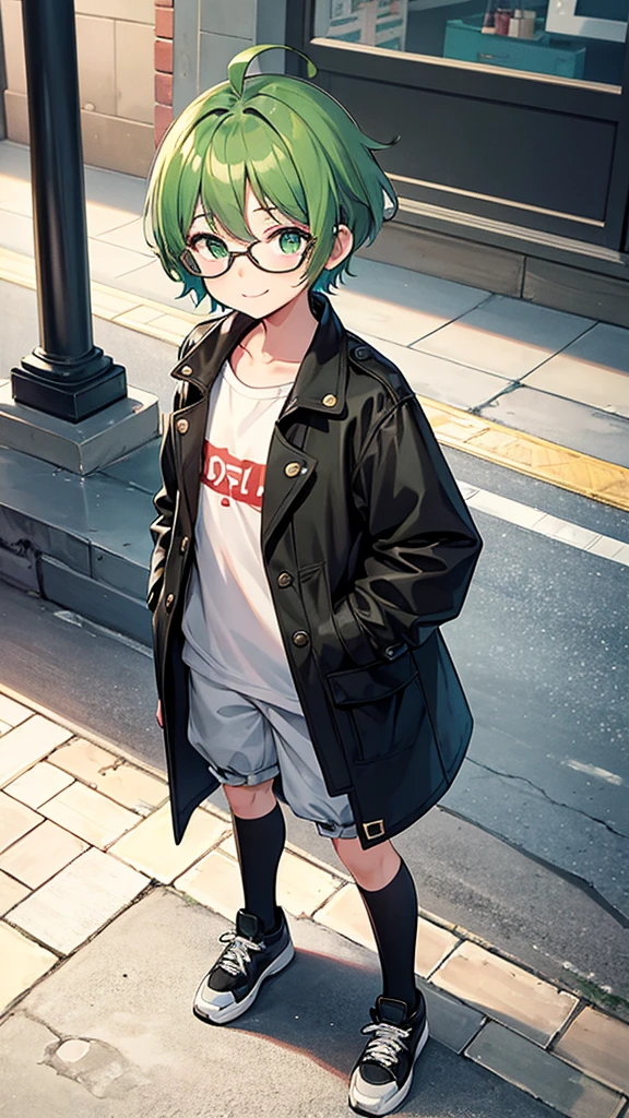 {{{{vulgarity}}}},{{{masterpiece}}}, {{{best quality}}}, {{ultra-detailed}}, {illustration}, {{an extremely delicate and beautiful}}, a boy, shoun, male child, green hair, short hair, green eyes, eye glass, Plump, disheveled hairstyle, Ahoge, childish, short, In the street, Revealing street fashion, a smile, baggy coat, hotpants, short-haired
