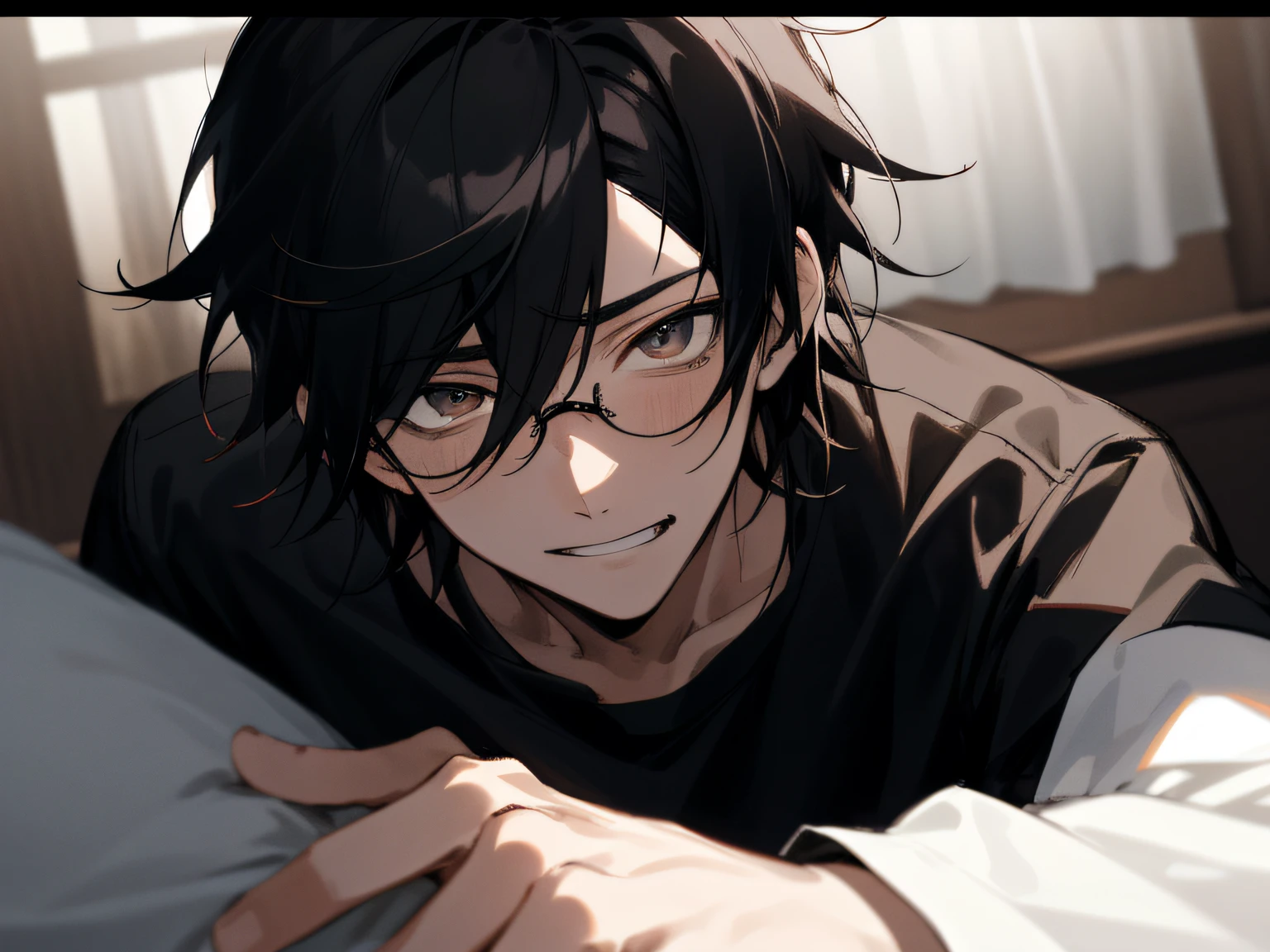 20代のmale people、,male people, 26 year old,yandere,Cool,1 male、smil,Depressive Atmosphere,Black hair,Remove glasses,ムラムラ,Black shirt,eyes are brown,extreme close - up,Dynamic Angle,Impatient expression,Background Hotel,a bed,natta