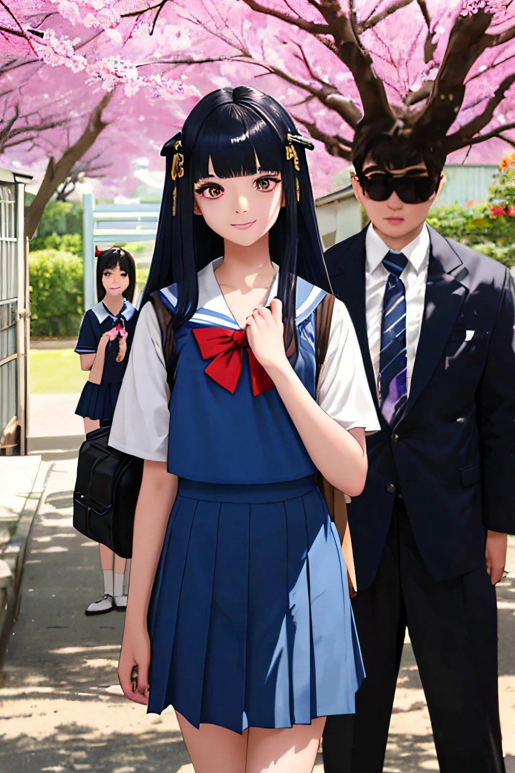 {{{{{{A high school student and an elementary school sister are standing side by side..}}}}}}、{{{{{{Man in Uniform}}}}}}、Two men and two women、A dark-haired、Black eyes、cleopatra hairstyle、Cut the bangs parallel to each other、 The woman is wearing a blue sailor suit、long skirt、clothes that are larger than your body size、School bag、tiny chest、kindly smile、red tide、 {{{{{{The background is the school gate of a Japanese high school..}}}}}}、springtime、The cherry tree、hight resolution、Unity 8k壁纸、Professional、extra detailed face、Perfect Lighting、 extremely details CG、(Perfect hands、Perfect Anatomy)、Entrance Ceremony