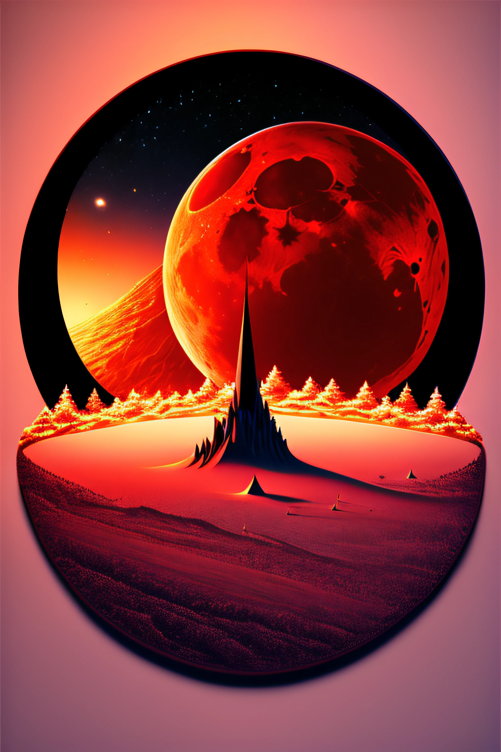 Generate an image of a red moon rising over a distant planet or moon, casting a warm glow on the landscape. Experiment with different terrains and atmospheric effects.