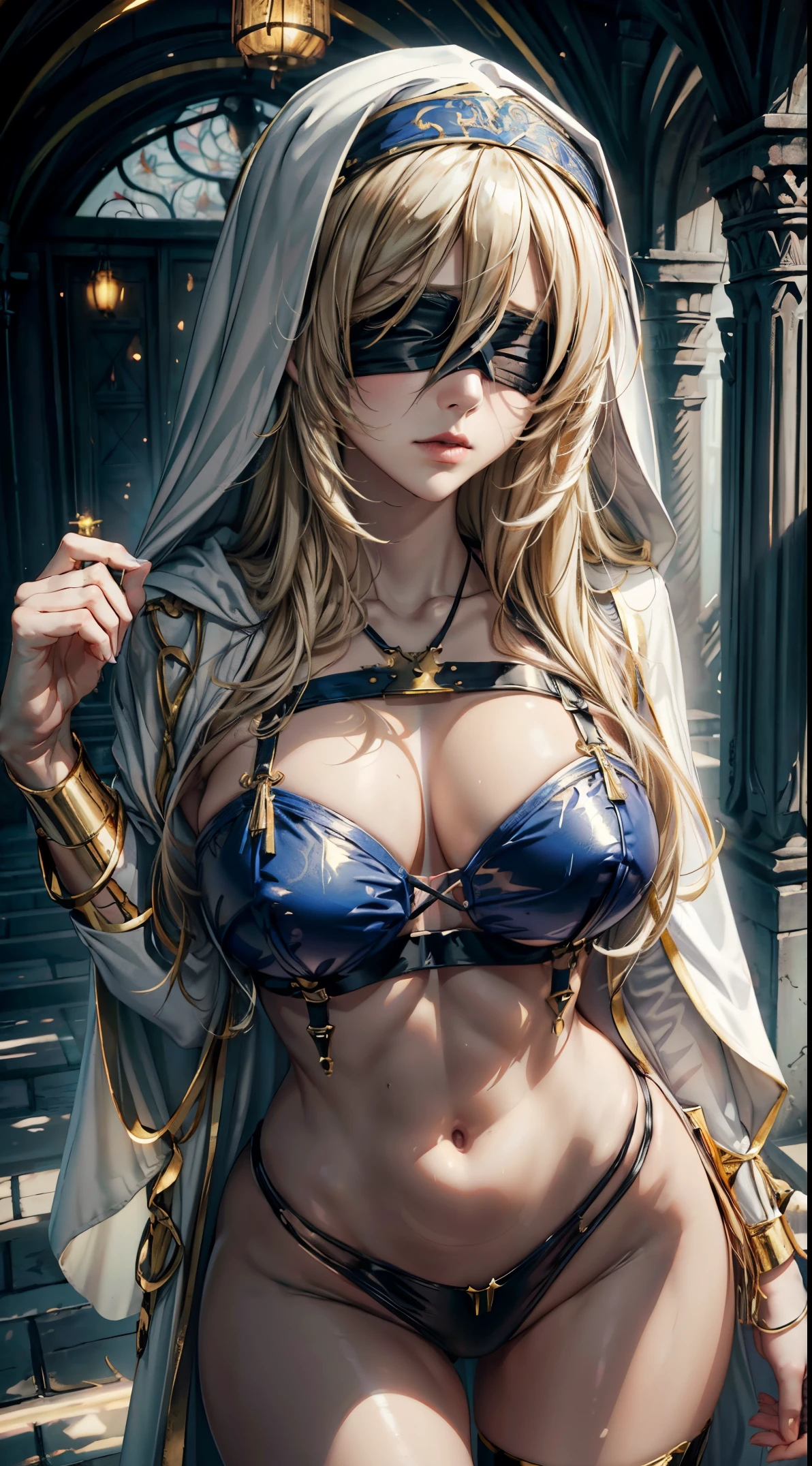 (masterpiece, top quality, best quality, official art, beautiful and aesthetic:1.2),full body, 1girl, priestess, long light blonde hair, messy hair, (wearing black blindfold:1.3), large breasts, cleavage, (white revealing robe, gold trim), (white hood:1.2), extreme detailed, colorful, perfect face, upper body, HDR, (light streaks), striking visuals, vibrant colors, temple background