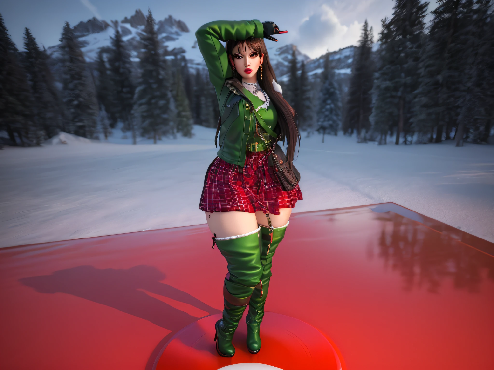 snowy windy day background, woman in a green and red dress and red boots, casual pose, modeled in poser, doing a sassy pose, a-pose, fashion pose, spellcasting pose, t pose, photorealistic full body, glamor pose, 3 / 4 pose, render of mirabel madrigal, lacivious pose, full body! pretty face, high quality, 3d render, dynamic lighting, similar face, same face,