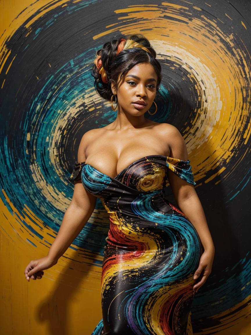 A portrait of a beautiful curvy Black woman painted in the style of Van Gogh, with swirling, vivid colors and bold, expressive brushstrokes. She stands with confidence, her hair styled in an elegant updo. The background swirls with a mix of iridescent blues and yellows, reminiscent of a starry night, while her attire is a flowing dress with hints of vibrant reds and oranges, capturing the essence of a floral landscape.