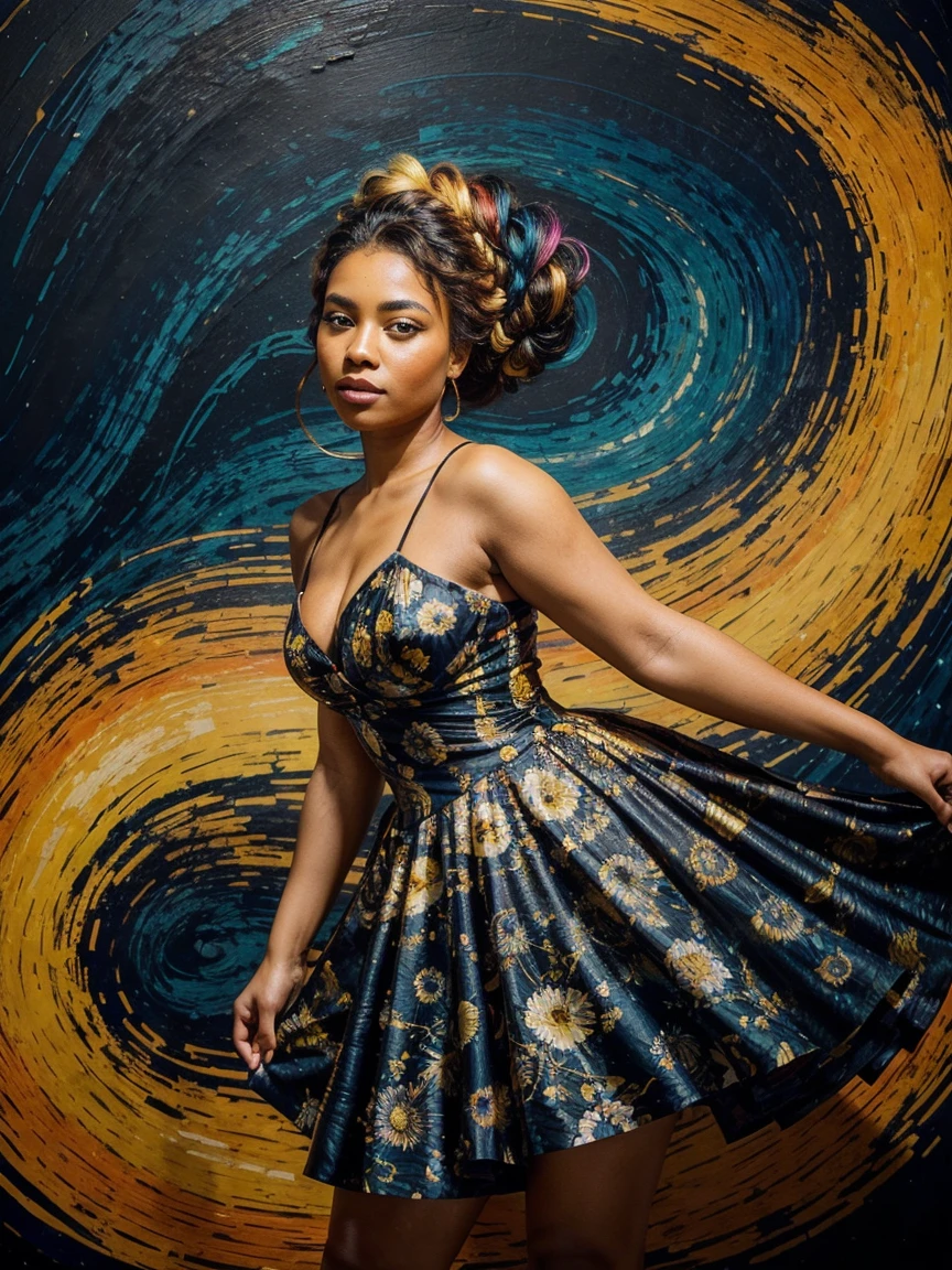 A portrait of a beautiful curvy Black woman painted in the style of Van Gogh, with swirling, vivid colors and bold, expressive brushstrokes. She stands with confidence, her hair styled in an elegant updo. The background swirls with a mix of iridescent blues and yellows, reminiscent of a starry night, while her attire is a flowing dress with hints of vibrant reds and oranges, capturing the essence of a floral landscape.