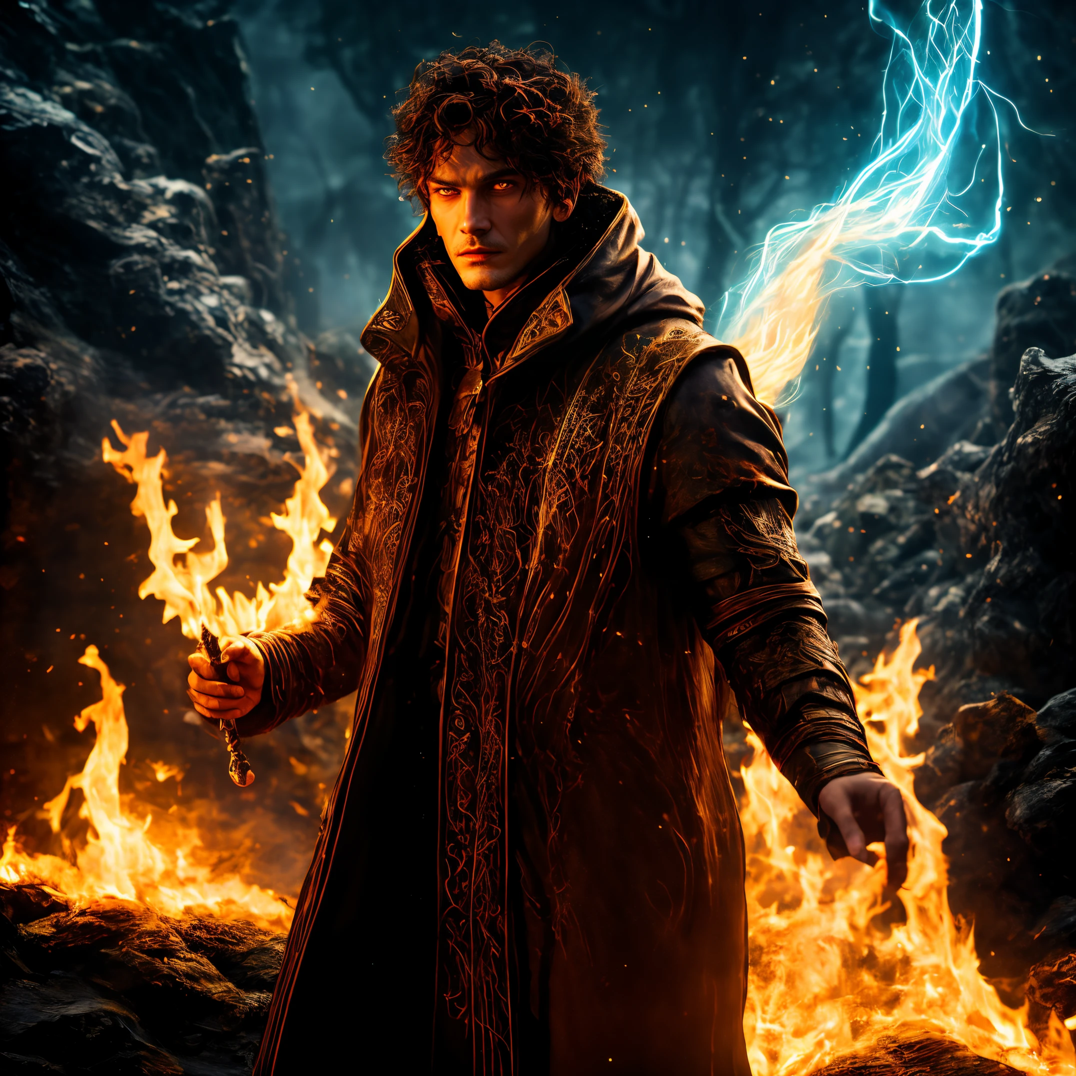 a young mages, This poster portrays wizards as mages who command the elemental forces with precision and control. The character stands amidst an elemental convergence, fire and intertwining around them. his attire is adorned with symbols representing the elements they command, from the heat of flames to the chill of frost. A staff in his hand channels energy that dances along its length. his gaze is steady, as if him observe the very ebb and flow of the elements. In the background, elemental realms merge, hinting at the infinite scope of their mastery