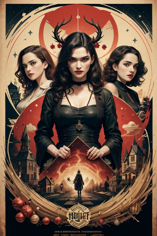 (masutepiece, Best Quality), Rachel Weisz、8K Wallpaper, Highly detailed, poster for, krampus, vintage horror, 1940's, christmas horror thriller movie poster, Bauhaus, shapes, lines, Abstract, propaganda, Gothic, Cinematic poster, Vintage,