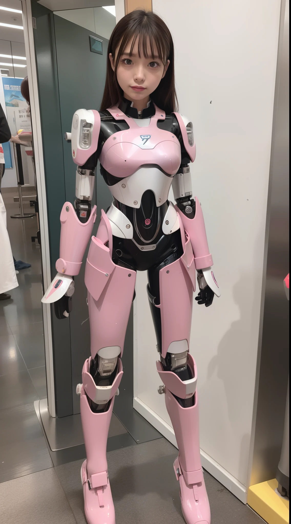 Robot Girl, pink there, Silver, Metallic body, Robot Parts, Metal Parts, Super Detailed Face, Super well-formed face, of the highest quality, a small face, small head, Brown hair, Slender body, Camera gaze, Internal Mechanical Exposure, Idol, front facing, Well-proportioned body, sale, Exhibited, Event Hall, Moe Pose, White Maid Dress Machine Armor, Standing with legs open, Model body type, sad, Embarrassing,(Perfect Robot Girl),(Perfect machine body)