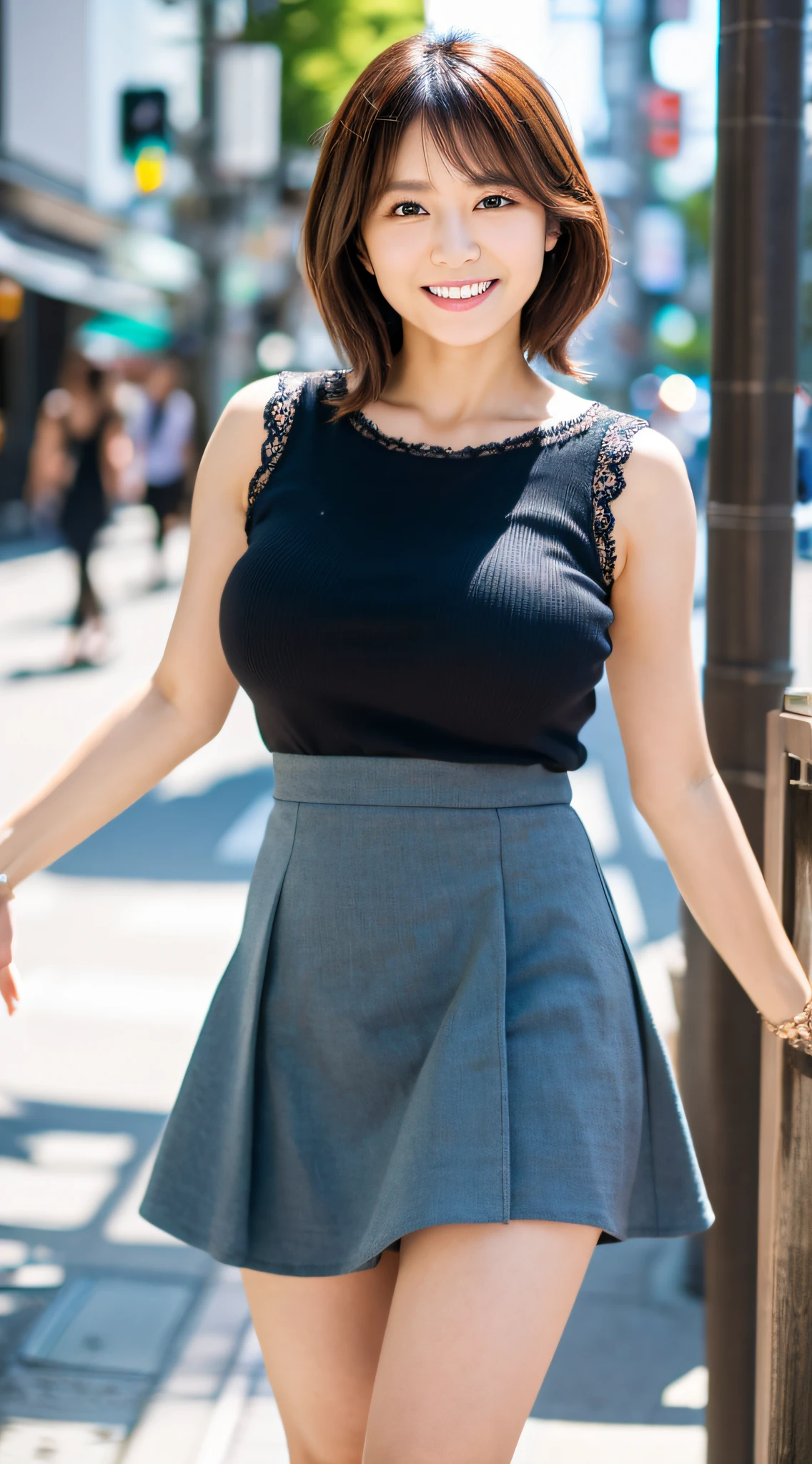 Highest resolution, 4K, Masterpiece: 1.3), A Japanese milf, photo of one lady, Sexy: 1.1, fine eyes, Slender figure, Realistic teeth, double eyelids, smile, full body, best quality, detailed, beauty, at the city, mini skirt