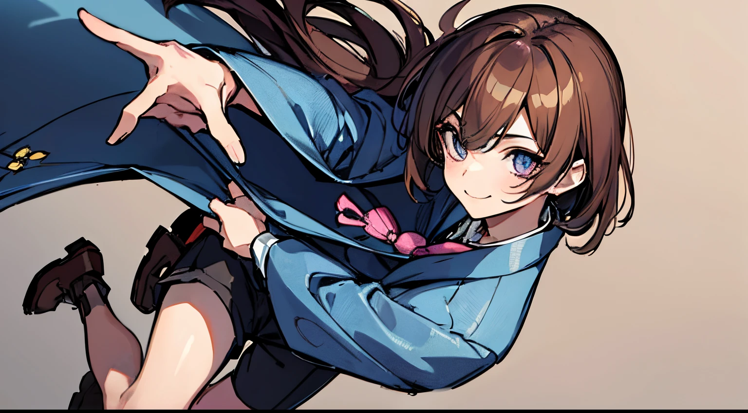 (masutepiece,Best Quality,8K),(extremely detailed CG1.1),virtual_youtuber, 1boy, Manokas, Solo, brown_hair, spruce_neck tie, Purple_eye background, brown_Footwear, Formal, straight-on, up looking_で_viewer, Pants, Smile, White shirt, Collared shirt, hair_Bland_Eyes, (Very detailed eyes:1.5),(((Blue kimono)))